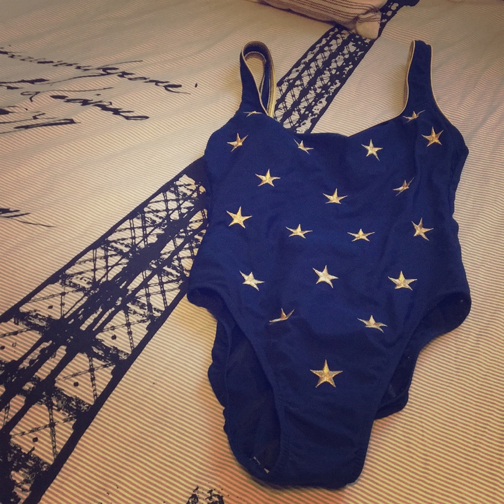Vintage size 12 gold star and navy one piece swim